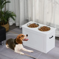 Porte-gamelles surélevé 2 gamelles avec coffre blanc