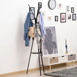 Porte-manteau trépied design contemporain branches étagère + 9 patères dim. 45L x 45l x 180H cm métal noir