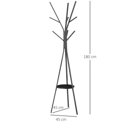 Porte-manteau trépied design contemporain branches étagère + 9 patères dim. 45L x 45l x 180H cm métal noir