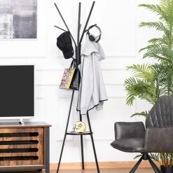Porte-manteau trépied design contemporain branches étagère + 9 patères dim. 45L x 45l x 180H cm métal noir