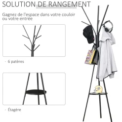 Porte-manteau trépied design contemporain branches étagère + 9 patères dim. 45L x 45l x 180H cm métal noir