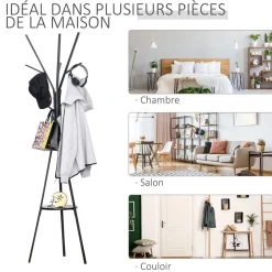 Porte-manteau trépied design contemporain branches étagère + 9 patères dim. 45L x 45l x 180H cm métal noir