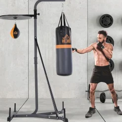 Portique sac de frappe plateforme station de boxe complète avec sac de frappe + poire de vitesse hauteur réglable 5 niveaux pompe à air fournie acier noir gris