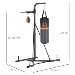 Portique sac de frappe plateforme station de boxe complète avec sac de frappe + poire de vitesse hauteur réglable 5 niveaux pompe à air fournie acier noir gris