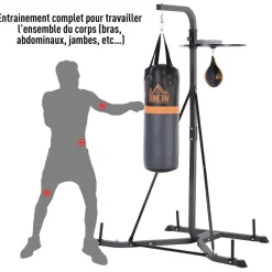 Portique sac de frappe plateforme station de boxe complète avec sac de frappe + poire de vitesse hauteur réglable 5 niveaux pompe à air fournie acier noir gris