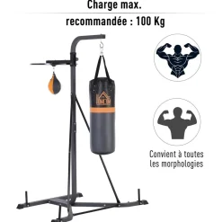 Portique sac de frappe plateforme station de boxe complète avec sac de frappe + poire de vitesse hauteur réglable 5 niveaux pompe à air fournie acier noir gris