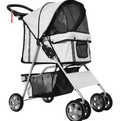 Poussette buggy pliable animaux chariot pliant chien chat porte-gobelet panier de rangement inclus roues avec frein tissu 600D Oxford métal gris