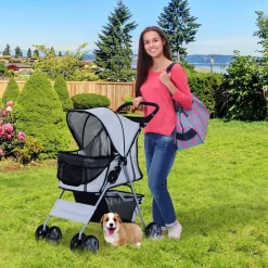 Poussette buggy pliable animaux chariot pliant chien chat porte-gobelet panier de rangement inclus roues avec frein tissu 600D Oxford métal gris