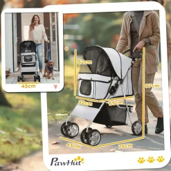 Poussette buggy pliable animaux chariot pliant chien chat porte-gobelet panier de rangement inclus roues avec frein tissu 600D Oxford métal gris