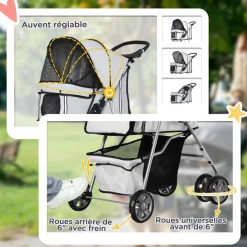 Poussette buggy pliable animaux chariot pliant chien chat porte-gobelet panier de rangement inclus roues avec frein tissu 600D Oxford métal gris