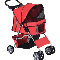 Poussette buggy pliable animaux chariot pliant chien chat porte-gobelet panier de rangement inclus roues avec frein tissu 600D Oxford métal rouge