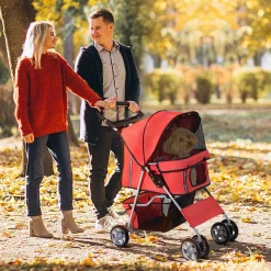 Poussette buggy pliable animaux chariot pliant chien chat porte-gobelet panier de rangement inclus roues avec frein tissu 600D Oxford métal rouge