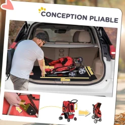 Poussette buggy pliable animaux chariot pliant chien chat porte-gobelet panier de rangement inclus roues avec frein tissu 600D Oxford métal rouge