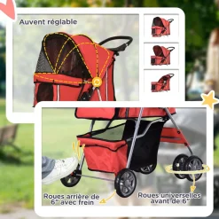 Poussette buggy pliable animaux chariot pliant chien chat porte-gobelet panier de rangement inclus roues avec frein tissu 600D Oxford métal rouge