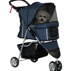 Poussette buggy pliable chien chat - porte-gobelet, panier rangement intégré - acier oxford bleu marine