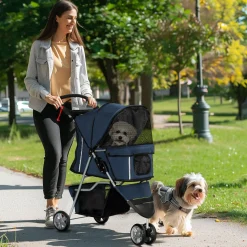 Poussette buggy pliable chien chat - porte-gobelet, panier rangement intégré - acier oxford bleu marine