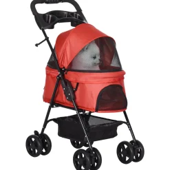 Poussette buggy pliable chien chat panier rangement porte-gobelets tissu 300D Oxford imperméable 4 roues rouge