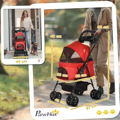 Poussette buggy pliable chien chat panier rangement porte-gobelets tissu 300D Oxford imperméable 4 roues rouge