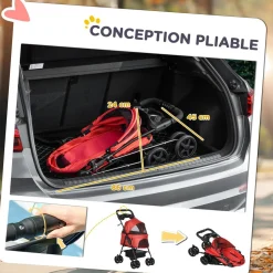 Poussette buggy pliable chien chat panier rangement porte-gobelets tissu 300D Oxford imperméable 4 roues rouge