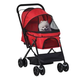 Poussette buggy pliable chien chat panier et sac de rangement attaches sécurité housse réglable poignée réglable acier Oxford rouge