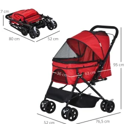 Poussette buggy pliable chien chat panier et sac de rangement attaches sécurité housse réglable poignée réglable acier Oxford rouge