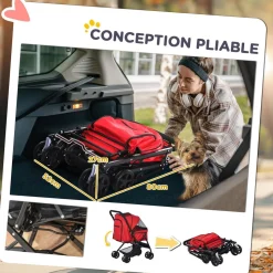 Poussette buggy pliable chien chat panier et sac de rangement attaches sécurité housse réglable poignée réglable acier Oxford rouge