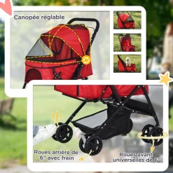 Poussette buggy pliable chien chat panier et sac de rangement attaches sécurité housse réglable poignée réglable acier Oxford rouge