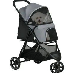 Poussette buggy pliable pour chien chat - 2 attaches, guidon réglable, panier - acier oxford gris