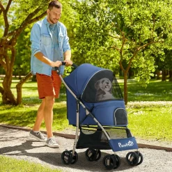 Poussette buggy pliable pour chien rangement laisses coussin inclus bleu