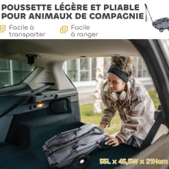 Poussette chien chariot 4 roues pliable avec poignée multidirectionnelle - nombreux équipements - noir gris