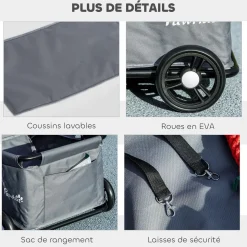 Poussette chien chariot 4 roues pliable avec poignée multidirectionnelle - nombreux équipements - noir gris