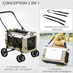 Poussette pliable animaux chien chat nacelle amovible 4 roues kaki