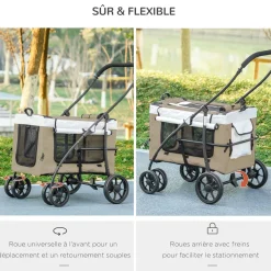 Poussette pliable animaux chien chat nacelle amovible 4 roues kaki