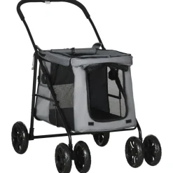 Poussette pliable pour chien chat 4 roues 3 pochettes rangement coussin acier oxford gris
