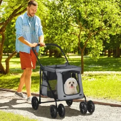 Poussette pliable pour chien chat 4 roues 3 pochettes rangement coussin acier oxford gris