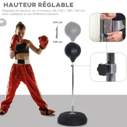 Punching ball sur pied réglable en hauteur 126-144 cm avec gants, pompe et base de lestage noir