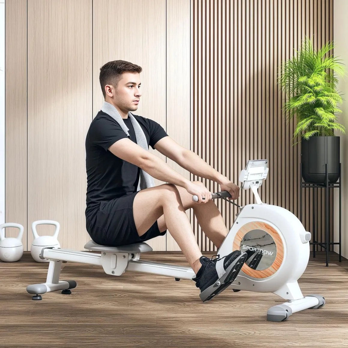 Rameur magnétique 16 niv. résistance écran LCD support smartphone rangement vertical blanc gris