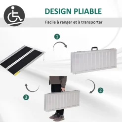 Rampe de fauteuil roulant rampe de chargement rampe d'accès antidérapante pliable avec bordures de sécurité max. 270 Kg dim. 93L x 76l x 5H cm alu. noir