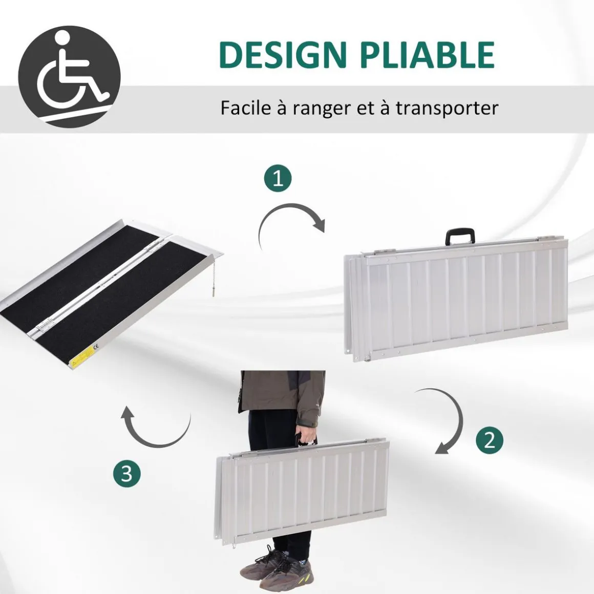 Rampe de fauteuil roulant rampe de chargement rampe d'accès antidérapante pliable avec bordures de sécurité max. 270 Kg dim. 93L x 76l x 5H cm alu. noir
