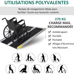 Rampe de fauteuil roulant rampe de chargement rampe d'accès antidérapante pliable avec bordures de sécurité max. 270 Kg dim. 93L x 76l x 5H cm alu. noir