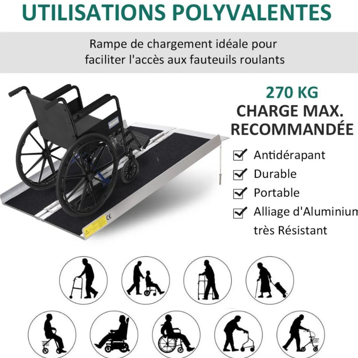 Rampe de fauteuil roulant rampe de chargement rampe d'accès antidérapante pliable avec bordures de sécurité max. 270 Kg dim. 93L x 76l x 5H cm alu. noir