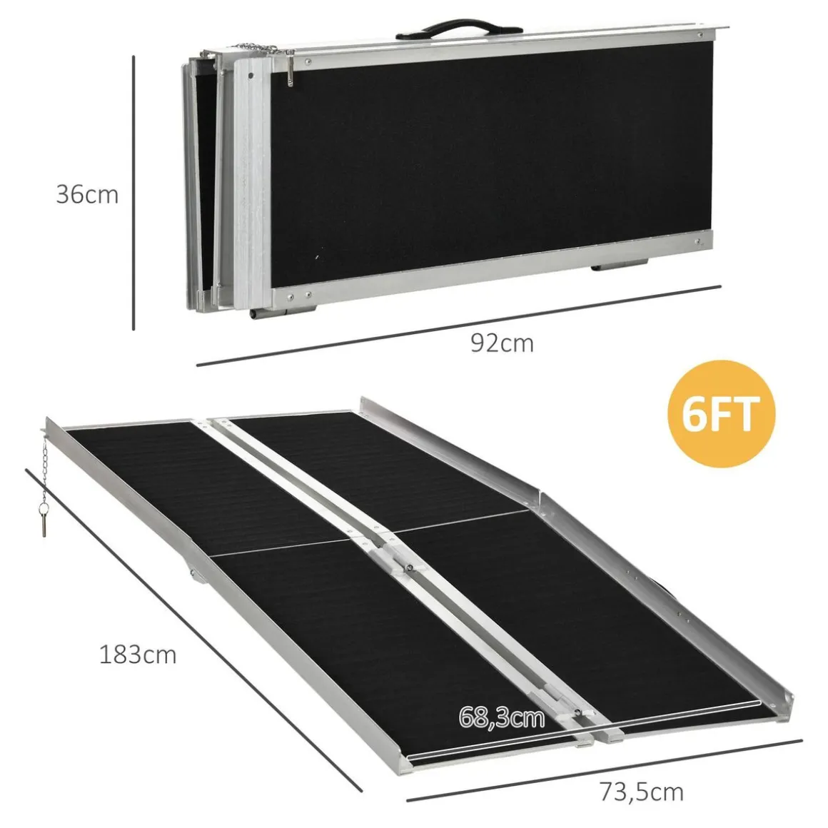Rampe de fauteuil roulant rampe de chargement rampe d'accès antidérapante pliable avec bordures de sécurité max. 270 Kg dim. 183L x 73,5l cm alu. noir