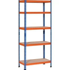 Rayonnage charges lourdes ou volumineuses - étagère garage - 5 tablettes réglables en hauteur - métal bleu orange MDF