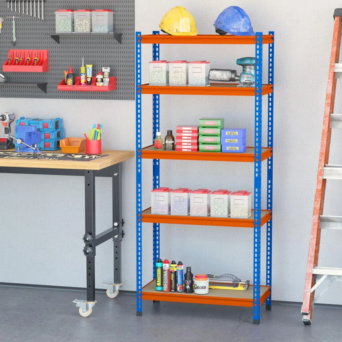 Rayonnage charges lourdes ou volumineuses - étagère garage - 5 tablettes réglables en hauteur - métal bleu orange MDF
