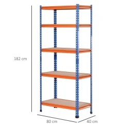 Rayonnage charges lourdes ou volumineuses - étagère garage - 5 tablettes réglables en hauteur - métal bleu orange MDF
