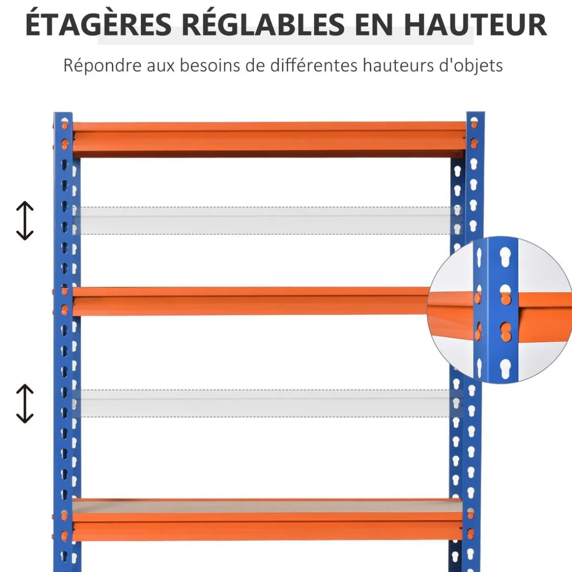 Rayonnage charges lourdes ou volumineuses - étagère garage - 5 tablettes réglables en hauteur - métal bleu orange MDF