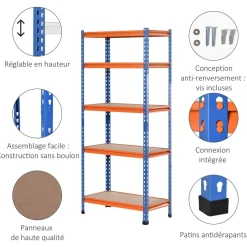 Rayonnage charges lourdes ou volumineuses - étagère garage - 5 tablettes réglables en hauteur - métal bleu orange MDF