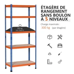 Rayonnage charges lourdes ou volumineuses - étagère garage - 5 tablettes réglables en hauteur - métal bleu orange MDF