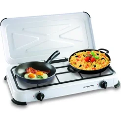 Réchaud gaz portable 2 feux 2600W Blanc laqué Couvercle Plaque de cuisson KEMPER