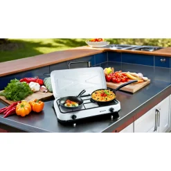 Réchaud gaz portable 2 feux 2600W Blanc laqué Couvercle Plaque de cuisson KEMPER